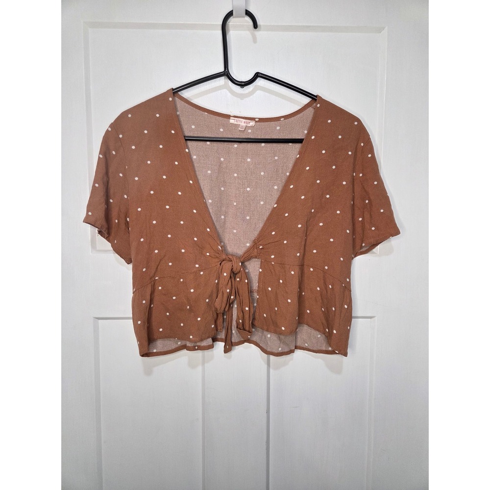 Lottie Moss Brown Polka Dot Tie Front Crop Top Blouse Short Sleeve Medium